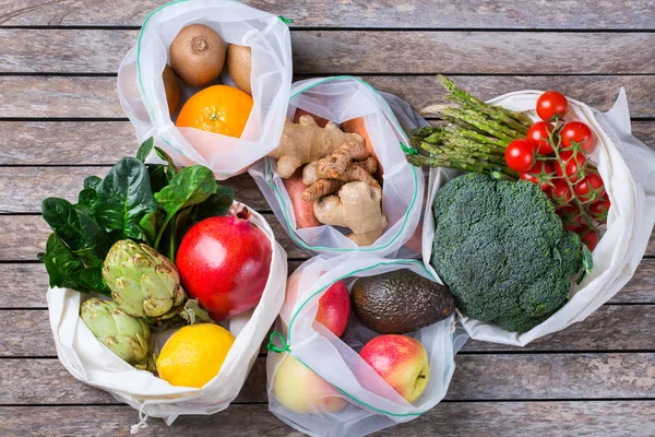 Borsa Rete Tessile Con Prodotti Frutta Verdura Zero Rifiuti Eco — Foto Stock