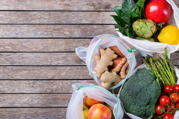 Borsa Rete Tessile Con Prodotti Frutta Verdura Zero Rifiuti Eco — Foto Stock