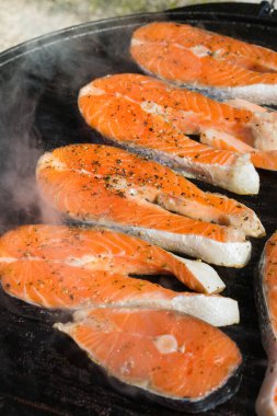 Çiğ somon balığı bifteği, ızgarada açık hava kompozisyonu, barbekü. Piknik, aile tatili konsepti