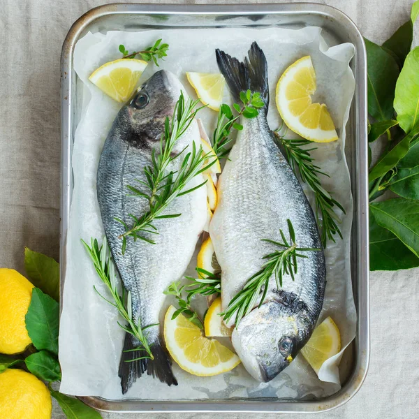 Dorado Mar Fresco Cru Não Cozido Peixe Dorada Com Limão — Fotografia de Stock