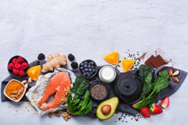 Sağlıklı beslenme, stres, anksiyete, kronik yorgunluk, depresyon giderme, azaltma, mutfak masasında dinlenme için iyi hissettirir. Üst görünüm düz arkaplan