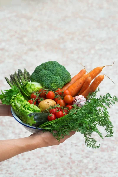 Meyve bahçesinden olgun sebzeler çiftçilerin elinde. Hasat konsepti, çiftlik, pazar, organik gıda teslimatı, sıfır atık, çevre dostu konsept.