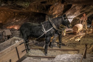 Krakow, Polonya yakınlarındaki Wieliczka Tuz Madeni 'nde. Yeraltı koridorları, göller ve merdivenler. Mayınlar. Polonya 'daki Unesco dünya mirası