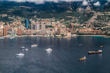 Monaco hava manzarası. Cote d 'Azur, Fransız Riviera' sı. Monte Carlo, Monaco, Cannes, güzel. Provence ve Avrupa 'da seyahat için popüler bir yer. Akdeniz tatil köyü. Provence-Alpes-Cote d 'Azur, Fransa. 