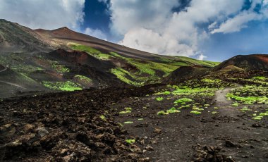 Etna Dağı, Sicilya - İtalya 'da Avrupa' nın en uzun aktif yanardağı 3329 metre. Etna volkanının geniş panoramik görüntüsü, yokuştaki sönmüş kraterler, volkanik aktivite izleri..
