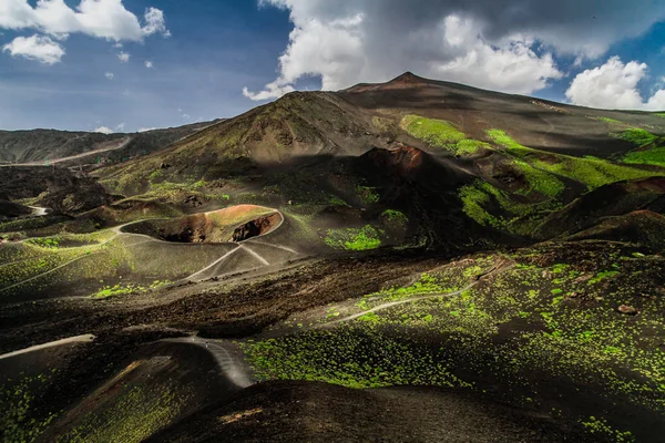 Mount Etna, Sicily - Tallest active volcano of Europe 3329 m in Italy. Panoramic wide view of the active volcano Etna, extinct craters on the slope, traces of volcanic activity.