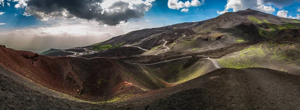 Mount Etna, Sicily - Tallest active volcano of Europe 3329 m in Italy. Panoramic wide view of the active volcano Etna, extinct craters on the slope, traces of volcanic activity.