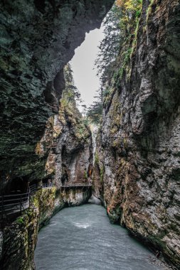 Aare Gorge, yeşil bitki ve ağaçlarla kaplı dar kayalıklar arasındaki mavi alp nehri. İsviçre Alpleri. Aareschlucht Meiringen İsviçre. İsviçre 'nin Bernese Oberland bölgesinde nehrin bir bölümü..