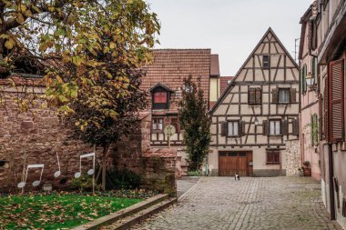 Bergheim - Alsace 'de eski evleri olan güzel bir kasaba. Fransa. Bergheim 'in renkli evleri ve sokakları. Alsace Şarap Yolu
