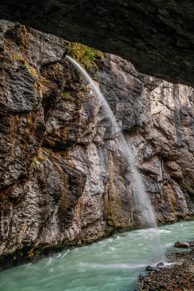 美丽的峡谷 蓝色的高山河夹在布满绿色植被和树木的狭窄岩石悬崖之间 瑞士阿尔卑斯山 Aareschlucht Meiringen瑞士 瑞士Bernese Oberland地区的一段河流 — 图库照片