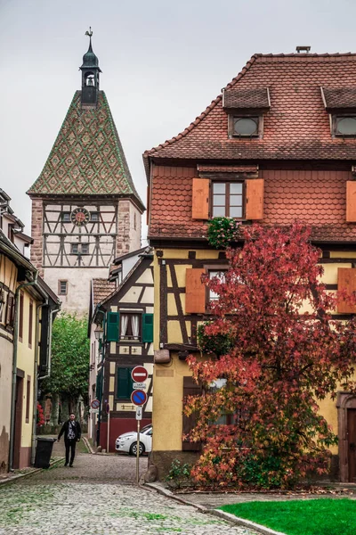 Bergheim - Alsace 'de eski evleri olan güzel bir kasaba. Fransa. Bergheim 'in renkli evleri ve sokakları. Alsace Şarap Yolu