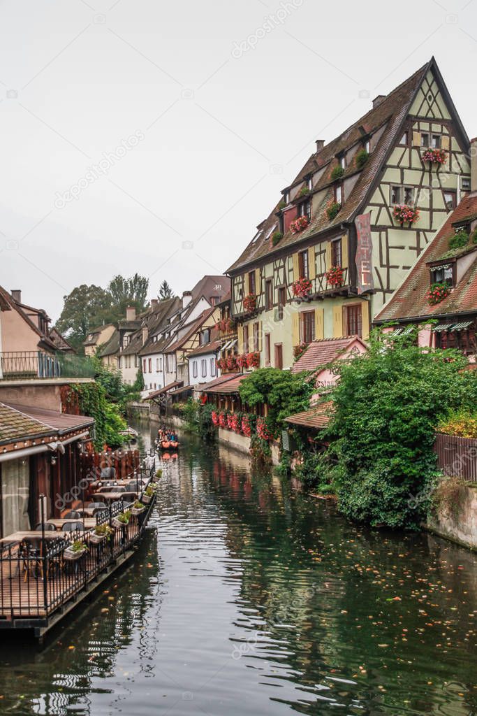 Old town of Colmar, Alsace, France. Petite Venice, water canal and traditional half timbered houses. Colmar is a charming town in Alsace, France. Beautiful view of colorful romantic city Colmar. Alsace Wine Route