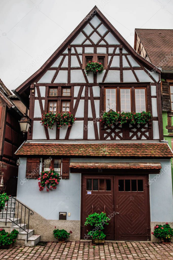 Bergheim - beautiful town with old houses in Alsace. France. Colorful houses and streets of Bergheim. Alsace Wine Route