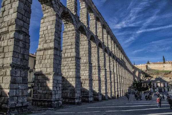 Segóvia Espanha Antigo Aqueduto Romano Praça Plaza Del Azoguejo Antigas — Fotografia de Stock