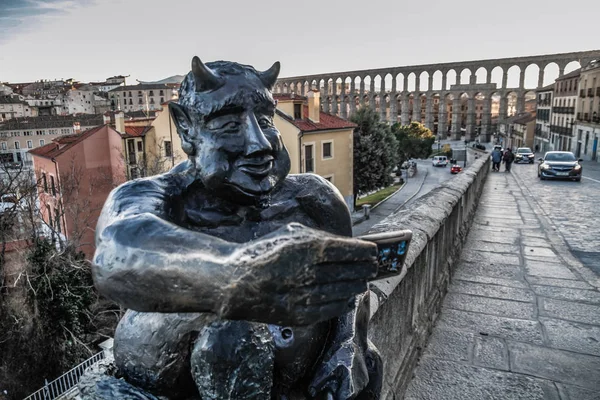 Segóvia Espanha Antigo Aqueduto Romano Praça Plaza Del Azoguejo Antigas — Fotografia de Stock