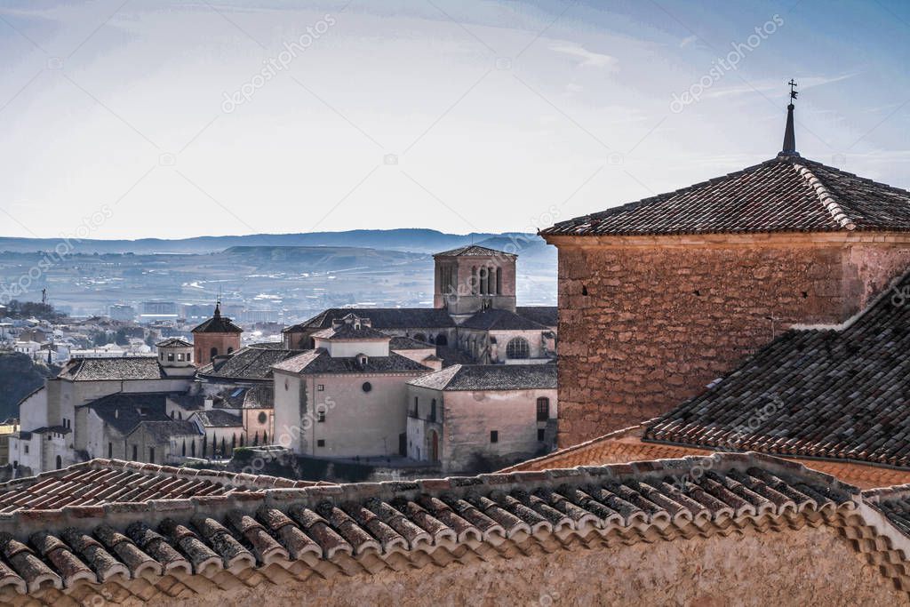 Historic Town of Cuenca - Spain. Old town sitting on top of rocky hills, Castilla La Mancha, Spain.  Hanging Houses perched on the cliffside. Amazing Spain - city on cliff rocks - Cuenca