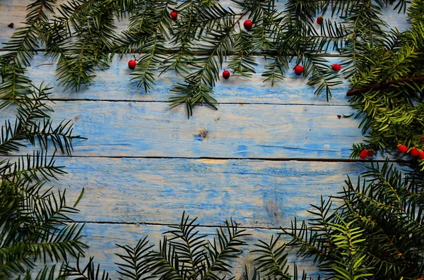 Kreatives Layout aus Weihnachtsbaumzweigen. flach lag. Natur Neujahrskonzept. — Stockfoto