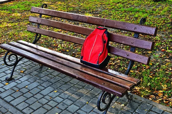 Borsa Zaino Borsa Lasciata Una Panchina Nel Parco — Foto Stock