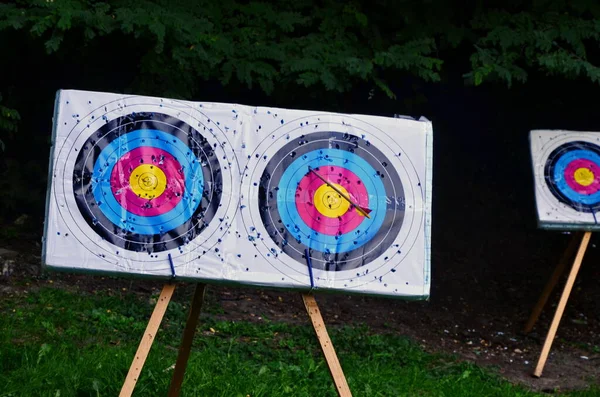 archery targets at various distances on a range - focus only on the closest target