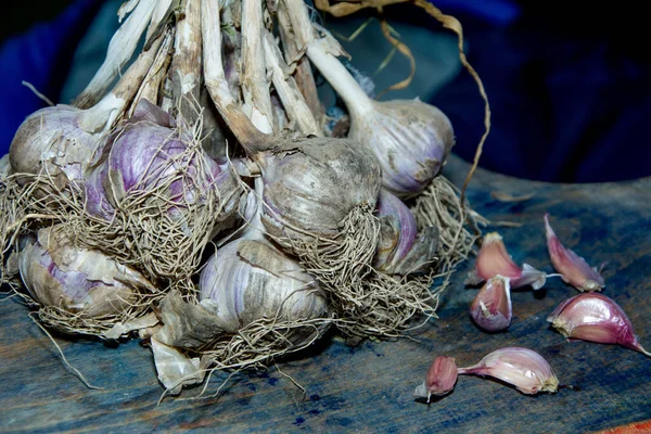 Bovenaanzicht Van Verse Knoflook Als Achtergrond Koop Markt Kant Klaar — Stockfoto