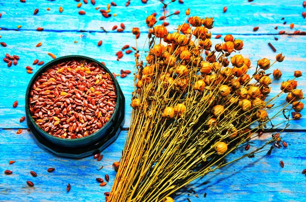 Dry Fruit Flax Seeds Blue Background Made Wood — Stock Photo, Image