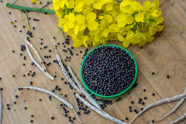 Fruits Flowers Colza Seeds Rapeseed Wooden Table — Stock Photo, Image