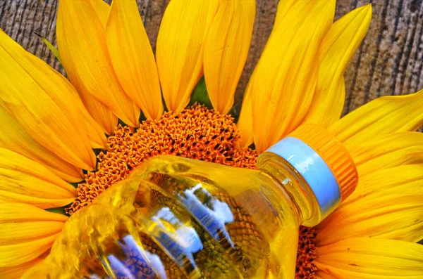 Sonnenblumen Und Sonnenblumenöl Der Flasche Sonnenblume Natürlichen Hintergrund Sonnenblumen Blühen — Stockfoto