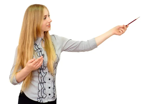 Indoor shot of amazed blonde woman has overjoyed expression, indicates with excited look aside, poses against white wall with blank copy space for your advertising content. Wow, that`s great! Royalty Free Stock Images