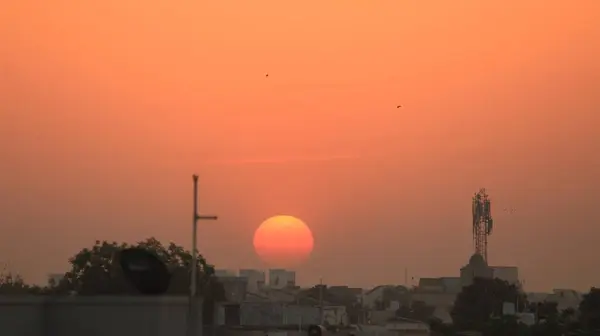 Belo Nascer Sol Área Semi Urbana Com Pássaros Voadores — Fotografia de Stock