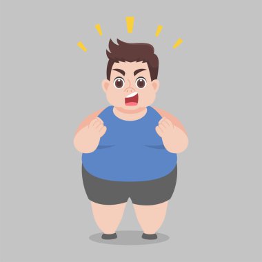 Koca Şişko Mutlu Adam kilo vermeye başlar, ince şekil, büyük boy, diyet sağlıklı çizgi film, yaşam tarzı sağlıklı sağlık konsepti çizgi film karakteri düz vektör tasarımı olmaya çalışır..