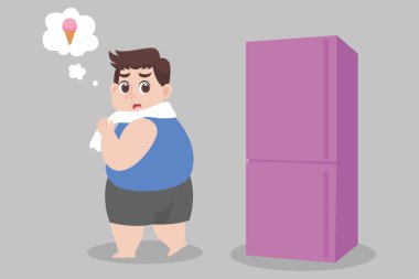 Koca şişko aç dondurma, buzdolabı sağlık hizmetleri çizgi filmine bakarak yemek yememeye çalış..