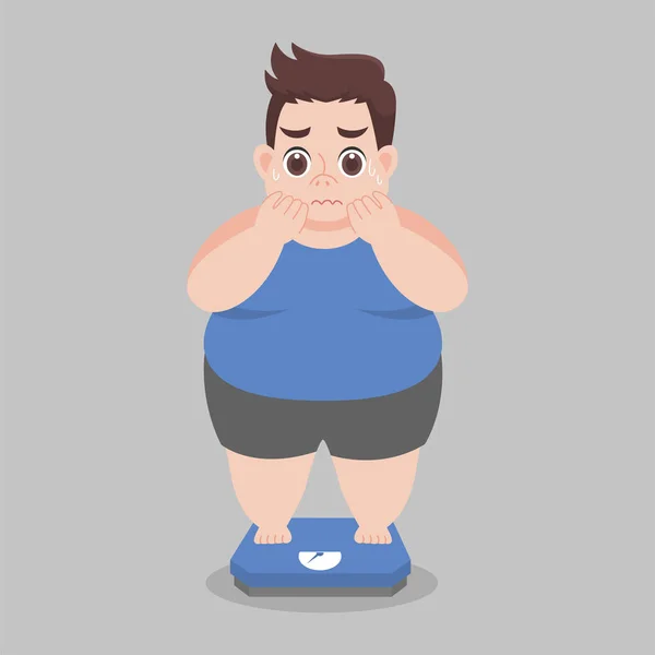 Big Fat Man Zorgen Staan Elektronische Weegschalen Voor Gewicht Lichaamsgewicht — Stockvector