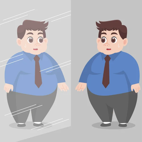 Big Fat Man Mirándose Espejo Sentir Preocupación Salud Concepto Dibujos — Vector de stock