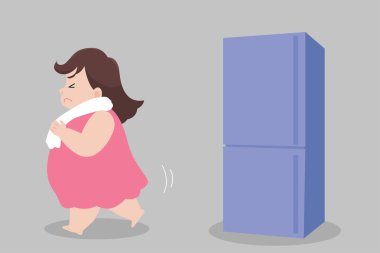 Koca şişman kadın aç dondurma yemeye çalışıyor. Buzdolabı sağlık hizmetleri çizgi filmine bakmamaya çalışıyor..