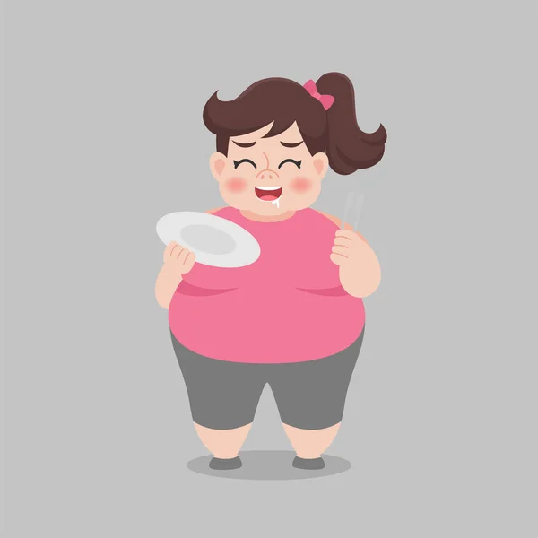 Big Fat Happy Vrouw Klaar Genieten Van Eten Gezondheidszorg Concept — Stockvector