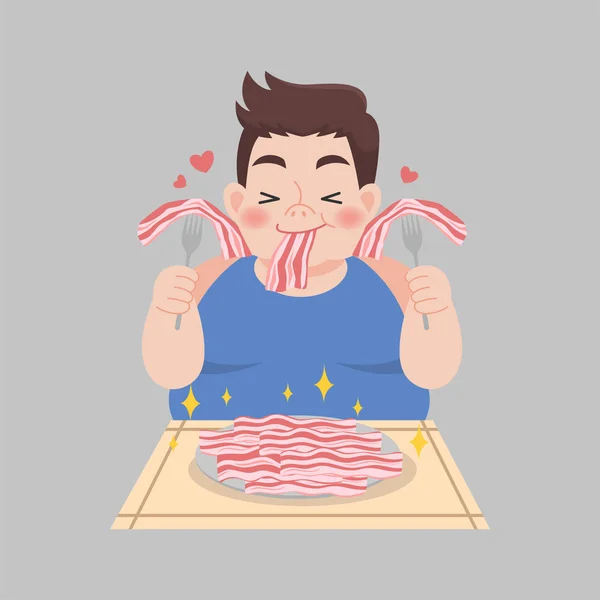 Fet Man Älskar Bacon Njuta Att Äta Ketogenic Diet Livsmedel — Stock vektor