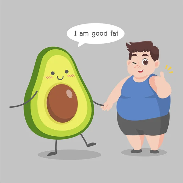 Fat Man love avocado good fat Ketogenic Diet weight loss Healthcare concept cartoon.