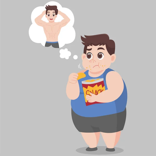 Big Fat Man Mangiare Spuntino Sperare Essere Uomo Snello Perdere — Vettoriale Stock