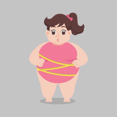 Şişman kadın, pembe bikini bant ölçüsü, sağlık konsepti karikatürü sağlıklı karakter düz vektör tasarımı takıyor..