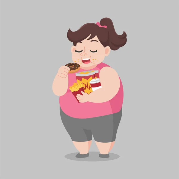 Big Fat Happy Femme Aime Manger Des Beignets Snack Assis — Image vectorielle
