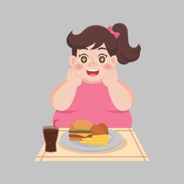 Koca Şişko Mutlu kadın fast food, abur cubur, tavuk budu, patates kızartması, hamburger, diyet zayıflama, sağlık sigortası konsepti yer.