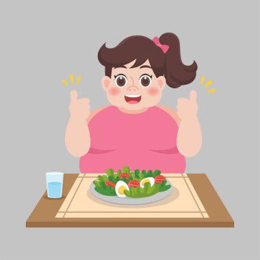 Temiz yemek sağlıklı, şişman kadın sebze salatası yemeye hazır, kilo kaybı sağlık hizmeti konsepti çizgi filmi.