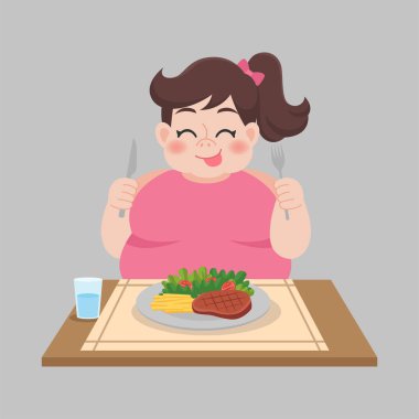 Şişman kadın yemek yemeye hazır, salata, biftek, sebze, kilo kaybı sağlık hizmetleri konsepti çizgi filmi.
