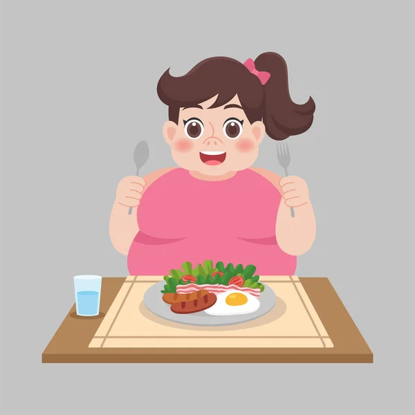 Жирная Женщина Готова Пищу Салат Колбасу Овощную Потерю Веса — стоковый вектор