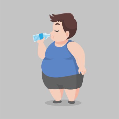 Big Fat Man drinking fresh water, clean bottle of water, good health, diet cartoon, lose weight, Lifestyle healthy Healthcare concept.