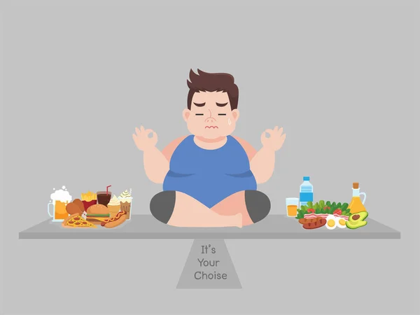 Big Fat Man Envisager Choisir Entre Malbouffe Bonne Nourriture Dessin — Image vectorielle