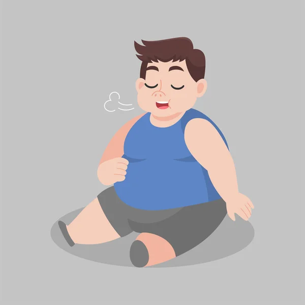 大きな脂肪の男は地面に座って食べます 医療コンセプト漫画 — ストックベクタ