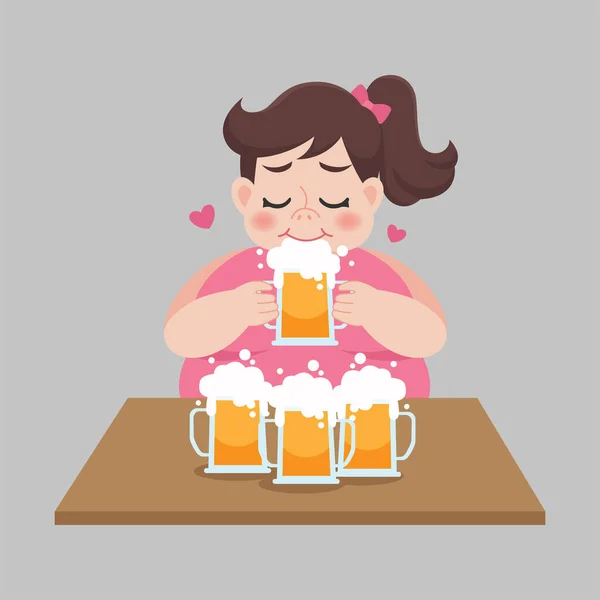 Wielkie Tłuste Kobiety Pijące Kubek Piwa Koncepcja Opieki Zdrowotnej Wektor — Wektor stockowy