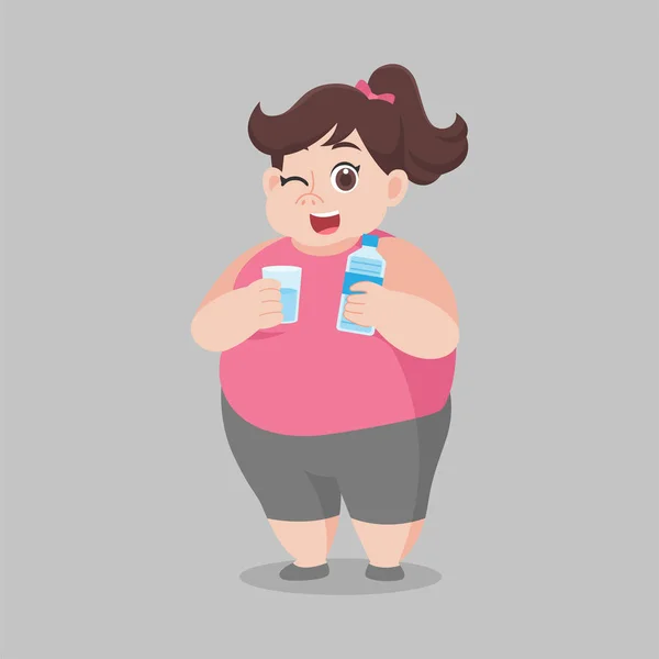 Big Fat Vrouw Drinken Van Zoet Water Schone Fles Water — Stockvector