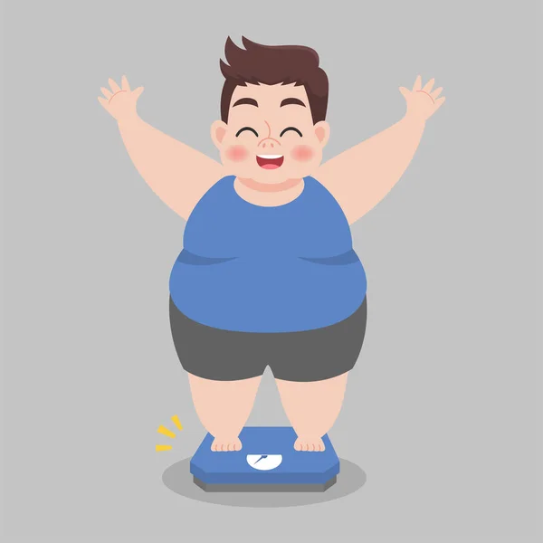大きな脂肪男は体重のための電子スケールに立って幸せ体重減少の目標達成を祝い ヘルスケアの概念フラットベクトルデザイン — ストックベクタ